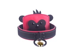 Matching set of a collar and a monkey wallet. Black leather and salmon red leather.