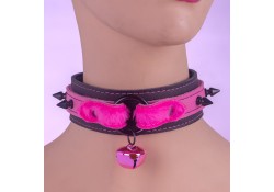 1.5" wide collar, pink leather top, black leather bottom, pink fur inner lining on top strap, black spikes, black o-ring (with jumbo pink jingle bell attached)