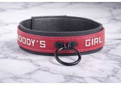 1.5" wide collar. Red leather top, black leather bottom, black lambskin inner lining. Black bull ring and lettering.