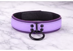 1.5" wide collar. Morning lavender leather top, purple iris leather bottom, black lambskin inner lining, black loop & dee attachment.