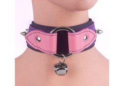 2" wide collar with wings, 1.75" o-ring, black leather bottom strap, purple iris top strap, rose leather wings (lining on the top strap), spikes, jumbo silver bell