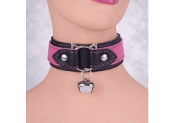 1.5" WIDE COLLAR WITH WINGS. PINK LEATHER TOP, BLACK LEATHER WINGS, BLACK LEATHER BOTTOM, CAT-SHAPED RING WITH JUMBO SILVER BELL ATTACHED.