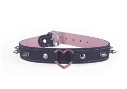 1" wide collar, black leather, pastel lambskin inner lining, rose-gold heart, spikes.