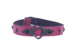 1" wide collar. red leather, black rabbit fur lining, black leather wings, black heart, black diamond pyramids.